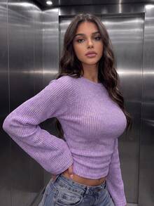 Women's Casual Faux Sweater Batwing Sleeve Cinched Waist Slim Fit Cropped Top, Suitable For Daily Wear, Autumn/Winter, Winter/Autumn Outfits, Going Out - Purple - View 6