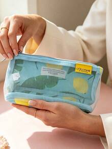 L'Occitane Light Blue Mesh Lemon Print Zipper Cosmetic Bag Transparent Portable Travel Toiletry Pouch Quick Find Skincare Makeup Storage Bag Gift For Women - Baby Blue - View 6