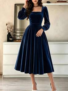 Women's Solid Color Pleated Elegant Cinched Waist Party Long Dress - Navy Blue - View 3
