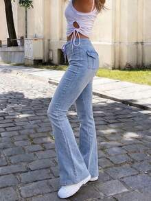 Women's High Waist Light Blue Washed Stretch Flare Jeans, Elastic ...