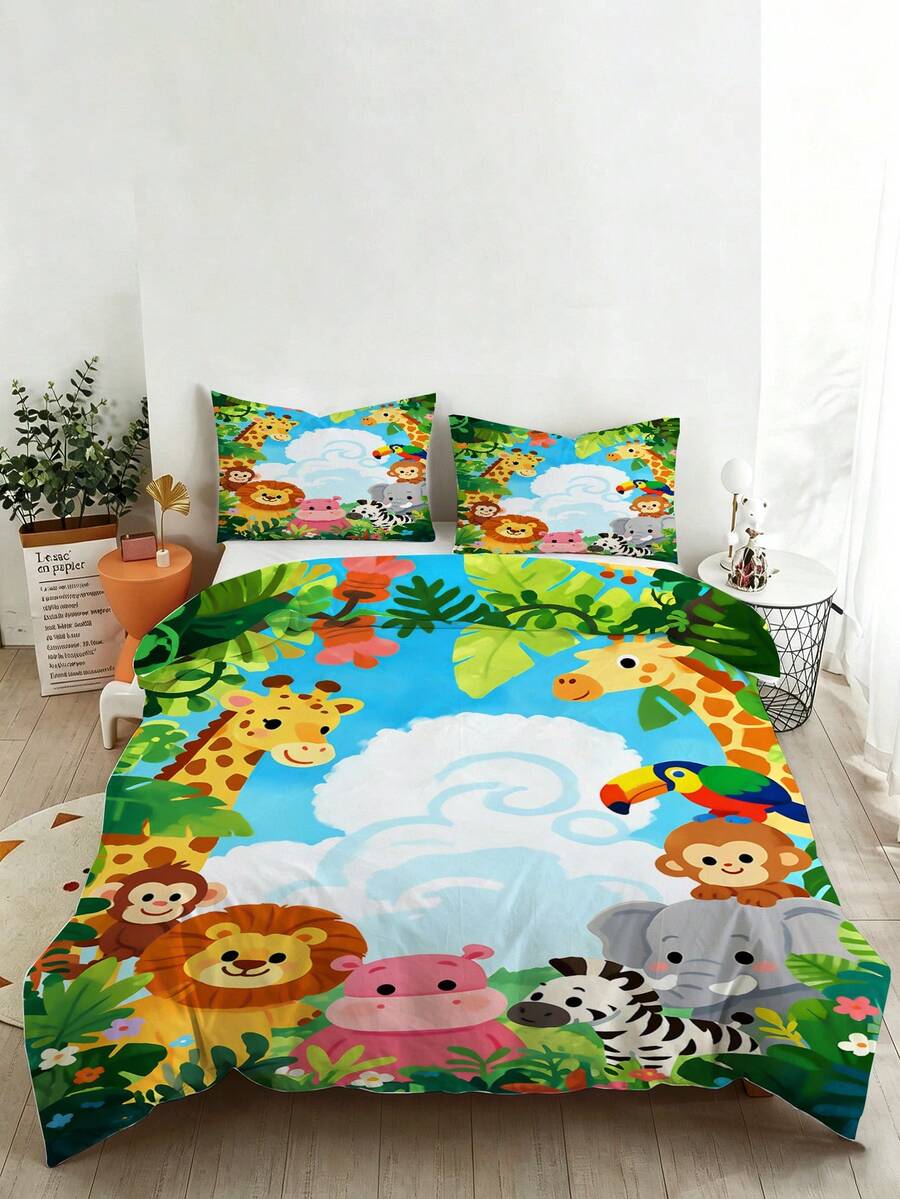 2/3PCS Cartoon Jungle Safari Animals Duvet Cover Set For Kids, Giraffe ...