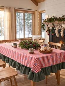 1pc Red & White Classic Small Plaid Blue Bow Print Tablecloth, Traditional Country Style Rectangular Green Leaf Edge Pleated Detail Stain-Resistant Protective Table Cover, Suitable For Christmas Family Gathering And Winter Holiday Dining Room Decor - Red - View 4