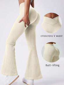 Women's Ribbed Criss-Cross Waist Flare Pants, Solid Color Slim Fit Comfortable Casual Style, Suitable For Party, New Year, Christmas, Office Wear - White - View 1