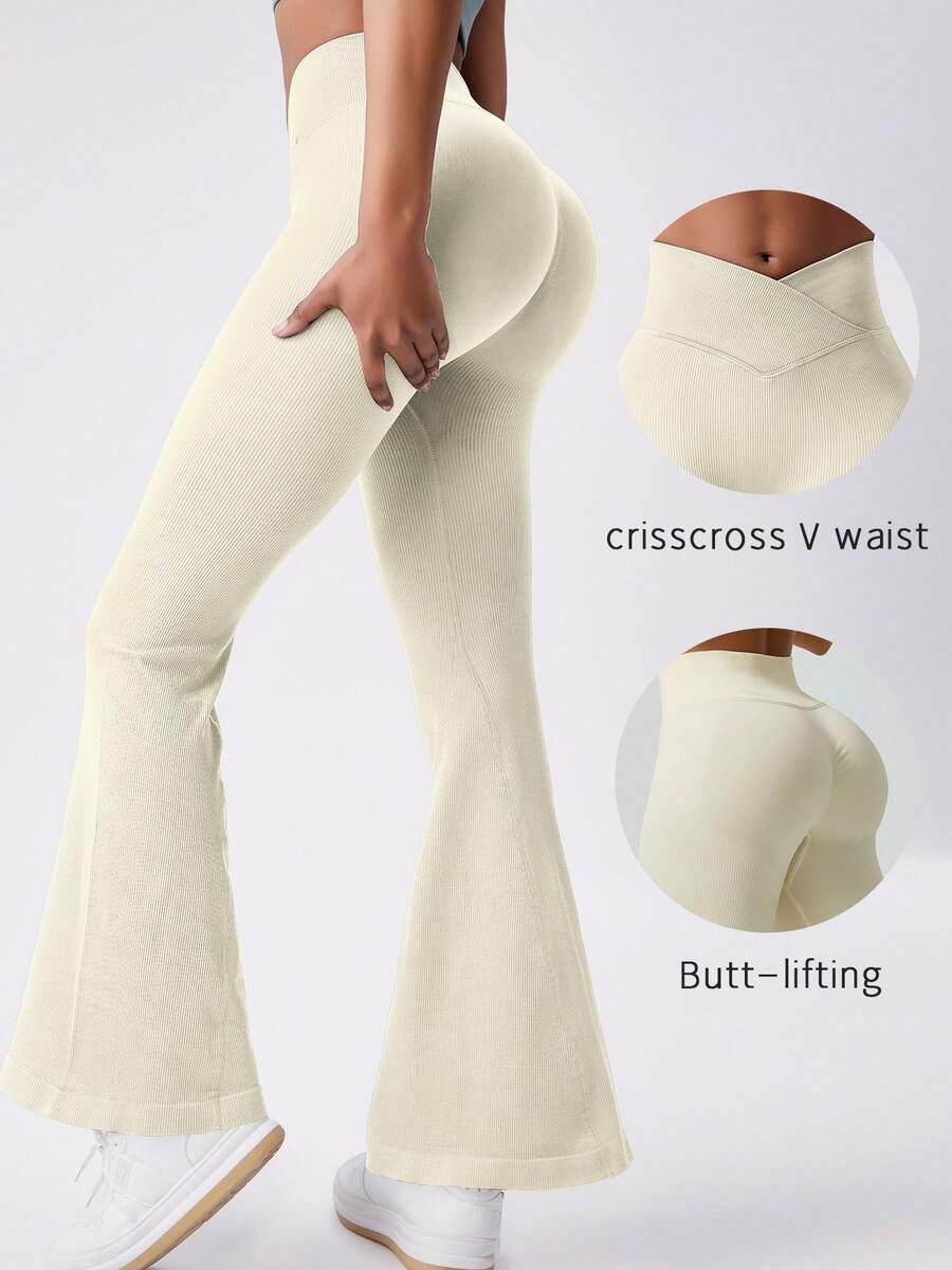 Women's Ribbed Criss-Cross Waist Flare Pants, Solid Color Slim Fit Comfortable Casual Style, Suitable For Party, New Year, Christmas, Office Wear - White - View 1