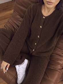 Women's Fall Winter 2 Piecesa Stylish Brown Soft Knitted Cardigan Paired With Wide-Leg Knit Pants, Perfect For Everyday Wear And Commuting. - Brown - View 3