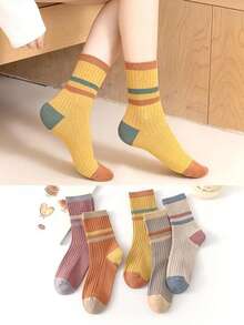5 Pairs Women Retro Color Block Striped Mid-Calf Socks, Soft Cozy Warm Casual Socks For Fall Winter - Multicolor - View 5