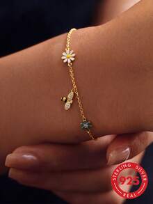 1pc S925 Sterling Silver Mori Style Fresh Ins Rhinestone Daisy & Bee Pendant Bracelet For Women, Sweet Cute Personalized Exquisite Niche Design, Versatile Gentle Commute Elegant Daily Matching Elegant Jewelry, Holiday Gift For Friends Birthday - Flowers - View 13