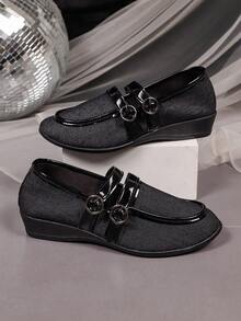 1 Pair Women's Black Mary Jane Wedge Pumps, Double Buckle Shiny Strap Decor, Soft Fabric Material, Round Toe Comfortable Soft Sole, Vintage Commuter Style, Suitable For Office Work Commute Outfit, Autumn New Arrival - Black - View 6