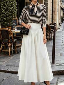 Autumn/Winter New Solid Color High Waist Pleated A-Line Long Skirt, French Elegant Full Skirt - White - View 7