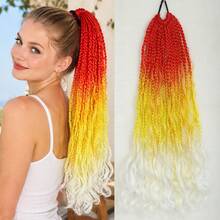 Synthetic Box Braid Ponytail Extension For Women, Long Thin Braids With Wavy Curly Ends, Ombre , Festival Boho Party Concert Daily - Multicolor - View 6