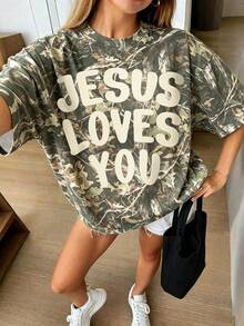 Jesus Camo T-Shirt Christian Faith Y2K Fashion Back To School Going Out Outfits Fall Clothes For Women, Women's Casual Round Neck Short Sleeve Minimalist T-Shirt - Multicolor - View 1