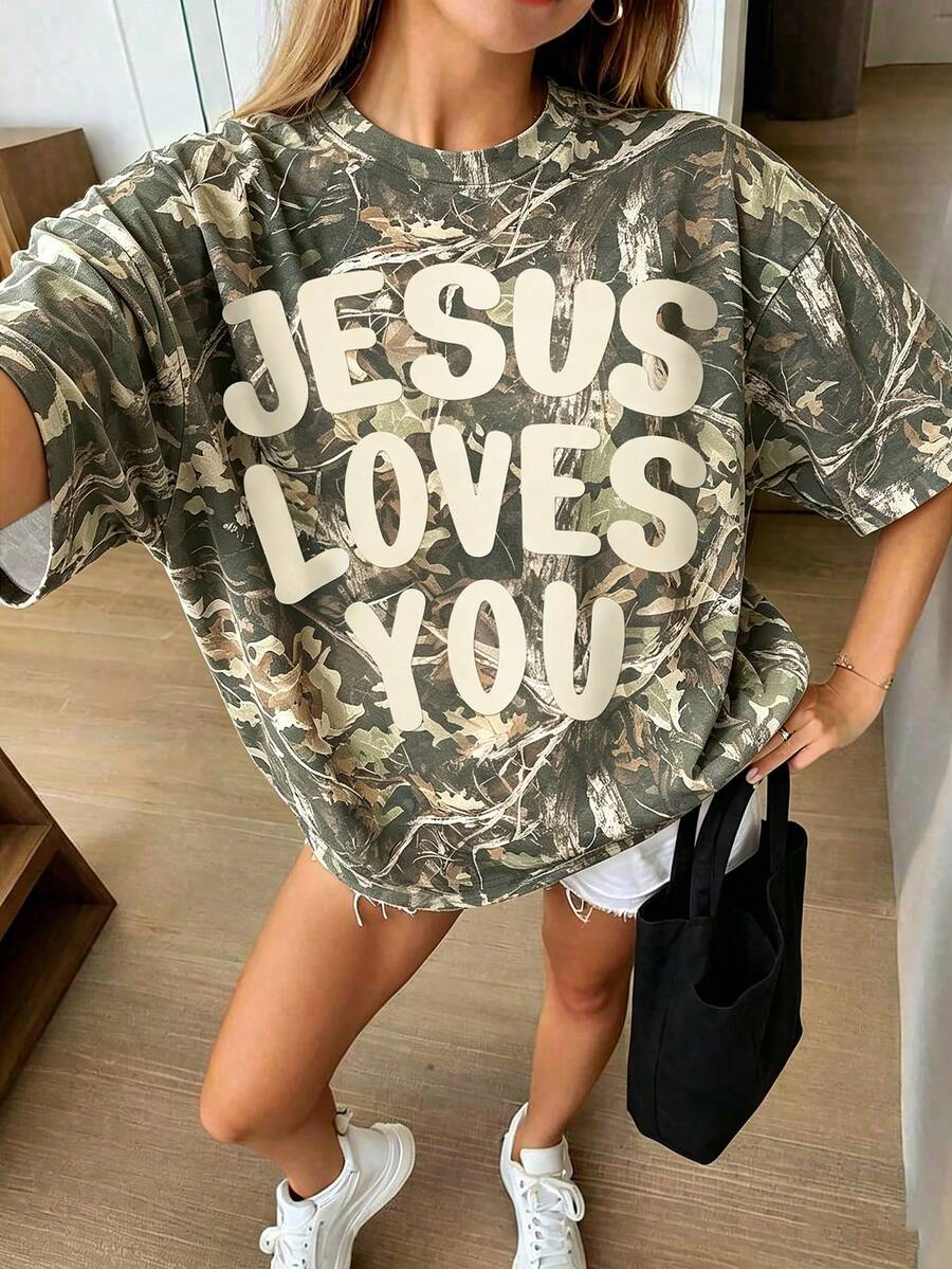 Jesus Camo T-Shirt Christian Faith Y2K Fashion Back To School Going Out Outfits Fall Clothes For Women, Women's Casual Round Neck Short Sleeve Minimalist T-Shirt - Multicolor - View 1