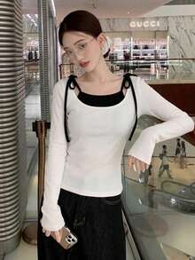 Minimalist Layered Lace-Up Crew Neck T-Shirt, 2 In 1 Top - White - View 2
