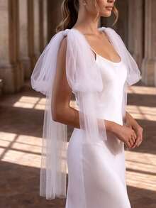1 Pair White Lightweight Tulle Mid-Length Bridal Shawl, Wedding Evening Party Wrap, Arm-Flattering Dress Accessory - White - View 2