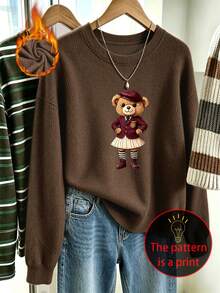 Women's Plus-Size Casual, Cute Faux-Knit Sweater Featuring A Preppy-Style Bear Graphic; Versatile And Perfect For Everyday Wear In Autumn And Winter. - Brown - View 8