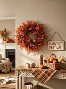 1pc Artificial Acrylic Autumn Door Wreath Decor, Realistic UV-Resistant Hanging Eucalyptus Grass Harvest Floral Wreath, Suitable For Autumn Harvest Thanksgiving Decoration, Farmhouse, Porch, Fireplace, Window, Indoor/Outdoor Seasonal Decor - Multicolor - View 4
