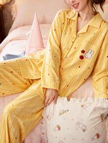 Gongdie 2pcs/Set Miffy Women's Pajama Set, Autumn Yellow Polka Dot Soft Cotton Loungewear With Pockets - Yellow - View 6