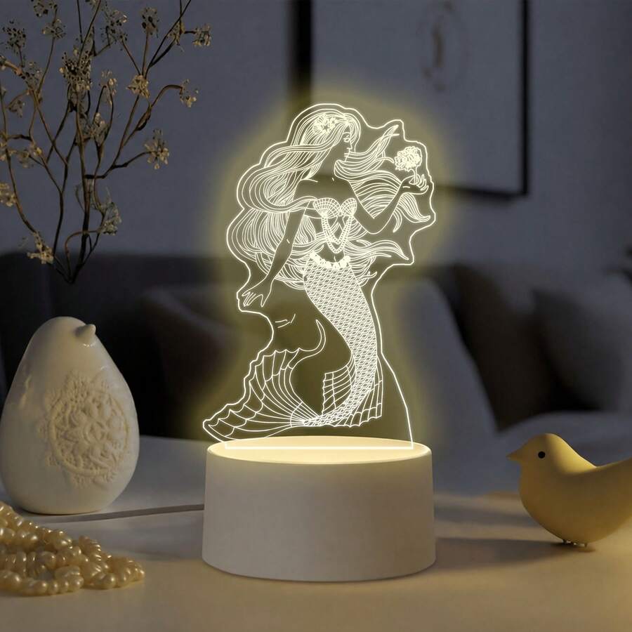 Beautiful Mermaid Pattern Acrylic Night Light, USB Warm Light Powered Desktop Art Decor, Exquisite Line Carving, Dreamy Atmosphere Bedside Lamp, Ocean Fairy Tale Style, Creative Birthday Holiday Gift