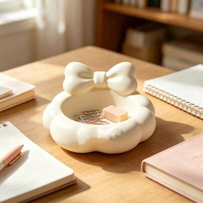 Matte Cream White Bow Lace Jewelry Box Ring Necklace Storage Dish High Aesthetic Practical Bedroom Vanity Desktop Decor 3D Printed One-Piece Molded Ornament Gift For Girlfriend Best Friend Valentine's Day Birthday Gift Party Favor Desktop Storage Organizer Niche Design Home Decor Recommendation