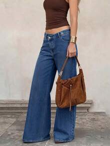 Asymmetrical Waistband Denim Jeans For Women, New Mid-Waist Design With Diagonal Buttons, Straight Leg Long Pants - Dark Wash - View 3