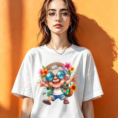 T-shirt décontracté ample blanc en coton à manches courtes pour femmes avec imprimé floral de grand-mère joyeuse de dessin animé