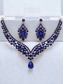 3-Pcs Women Bridal Wedding Deep Blue Necklace & Earrings Set, Elegant Wedding & Party Jewelry Accessories - Royal Blue - View 1