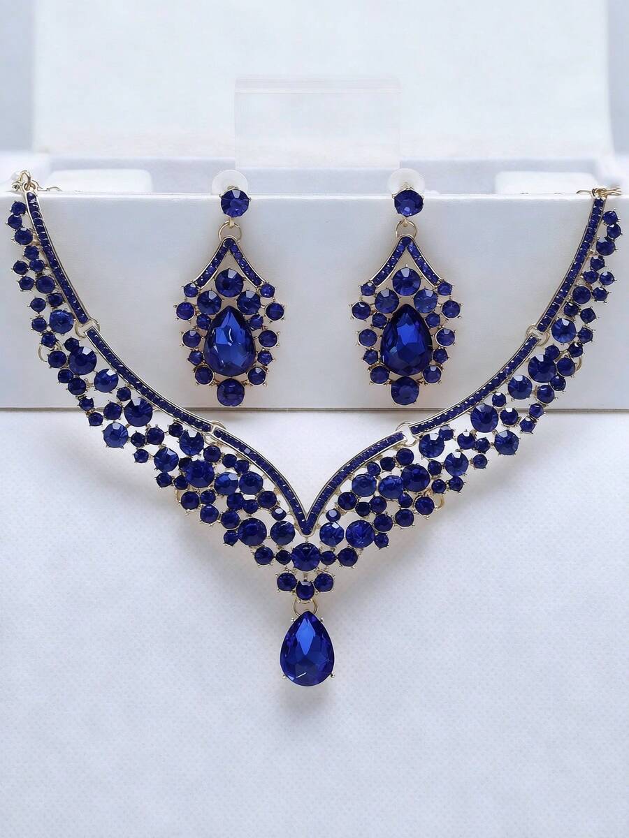 3-Pcs Women Bridal Wedding Deep Blue Necklace & Earrings Set, Elegant Wedding & Party Jewelry Accessories - Royal Blue - View 1
