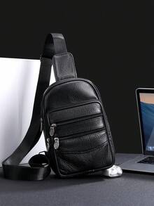 Men's Lychee Patterned PU Leather Chest Bag With Multiple Zippers And Layered Design, Casual Cycling Single Shoulder Crossbody Bag - Black - View 4