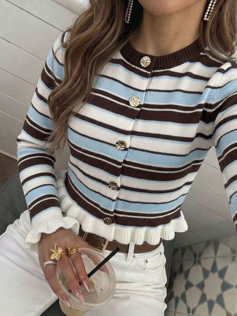 Women's Autumn Set: Vintage Multi-Color Striped Ruffle Round Neck Long Sleeve Cardigan With Metal Buttons, Suitable For Daily And Office Wear