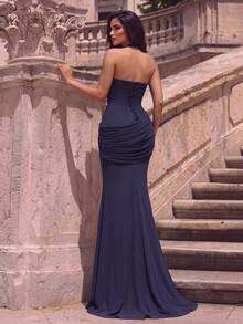 Elegant Halter Neck Deep V Ruched Fitted Mermaid Long Dress, Suitable For Photography, Beach Vacation, Resort, Wedding And Prom - Navy Blue - View 2