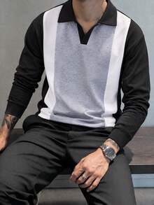 American Retro Men's Patchwork Polo Collar Sweatshirt, Vertical Stripe Colorblock Design, Loose Drop Shoulder, Daily Commute Long Sleeve Top - Black - View 3