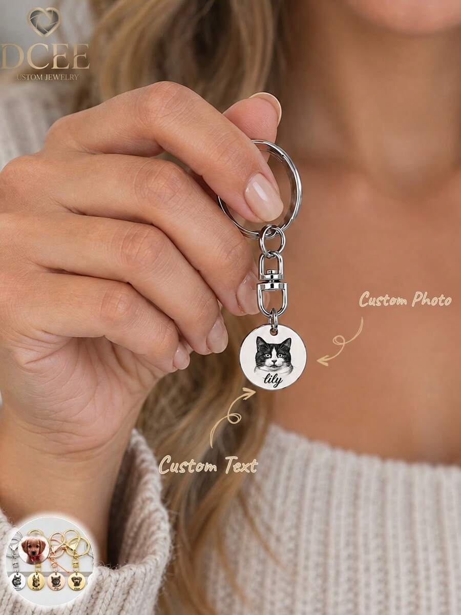 Customizable Pet Photo & Text Round Keychain, Laser Engraved Cat/Dog Portrait With Pet Name, Available In Gold, Silver, Rose Gold, Comes With Metal Key Ring And Swivel Clasp, Easy To Detach, Commemorative Pendant For Pet Owners, Suitable For Keys And Bags, Keeps Your Pet's Cute Look, Perfect Thoughtful Gift For Pet Lovers - Round Personalized Pet Photo Keychain - View 1