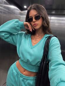 Women's Casual V-Neck Rib-Knit Tight Hem Oversized Hoodies For Daily Fall&Winter,Fall Winter Clothes,Winter Fall Outfit,Going Out - Turquoise - View 2