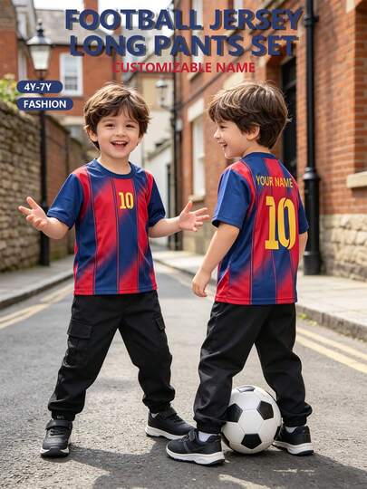 [Customized]Fashion Casual Street Style Soccer Jersey & Pants 2 Pieces Set, Personalized Name Customization, Celebrity Style, Number 10, Unisex Kids, Casual Crew Neck Short Sleeve & Long Pants Set, Back To School, Suitable For Sports And Outdoor Wear