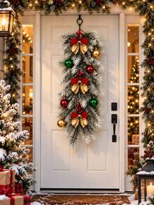 1 Set Of Artificial Pine Hanging Decorations (10-Piece Set): Features Red, Gold, And Green Decorative Baubles And Bows; Includes Faux Cedar Needle Foliage Adorned With Ornaments And Red Bows-Suitable For Decorating Home Porches And Entryways. - Multicolor - View 1
