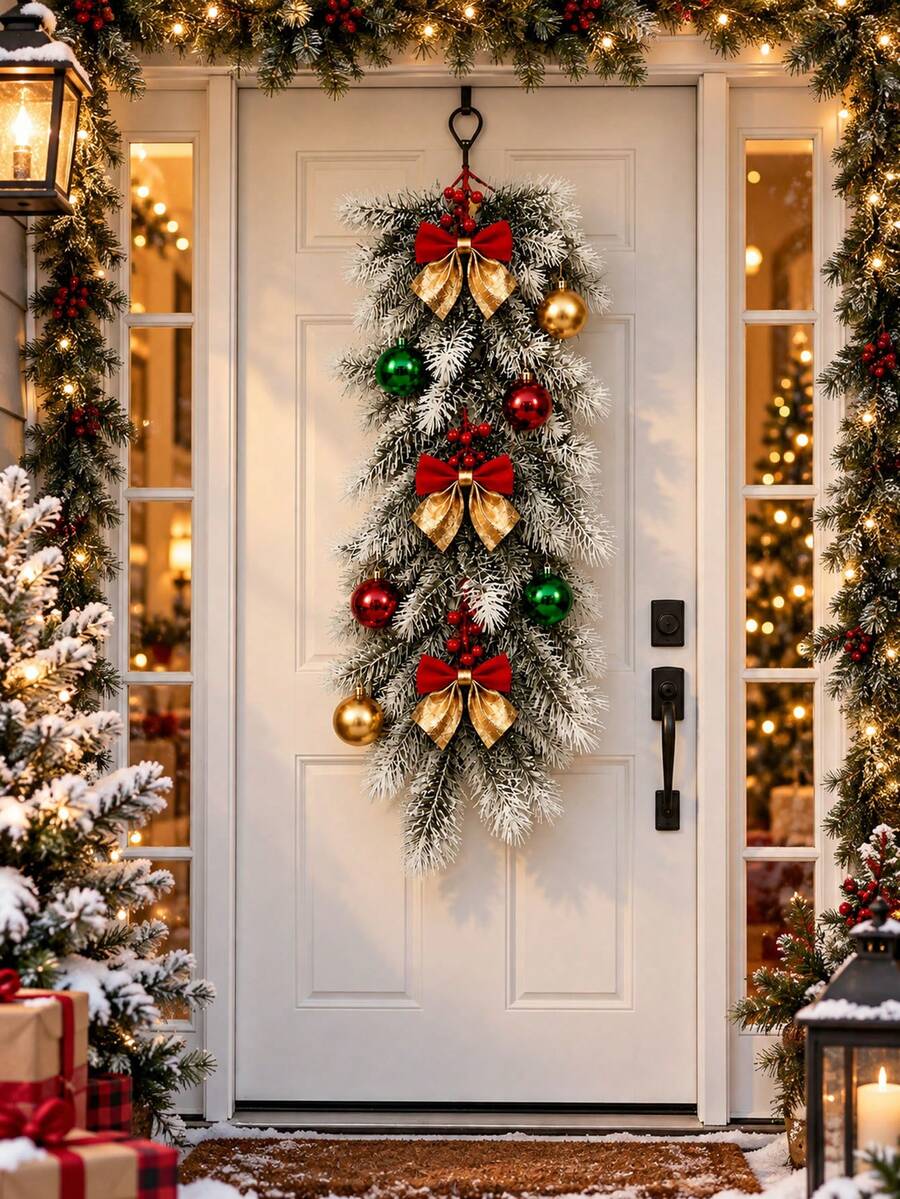 1 Set Of Artificial Pine Hanging Decorations (10-Piece Set): Features Red, Gold, And Green Decorative Baubles And Bows; Includes Faux Cedar Needle Foliage Adorned With Ornaments And Red Bows-Suitable For Decorating Home Porches And Entryways. - Multicolor - View 1
