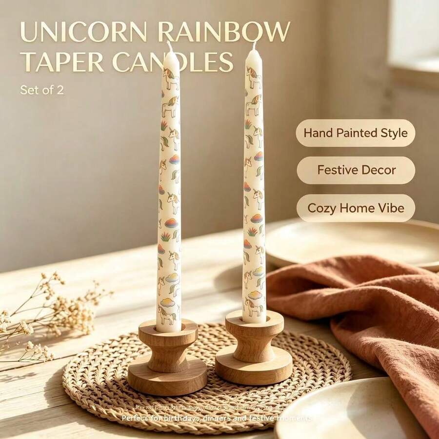Unicorn Rainbow Long Taper Candles, 2pcs/Pack, Hand-Painted Printed Style, Holiday Home Party Decor, Birthday Dinner Atmosphere Gift