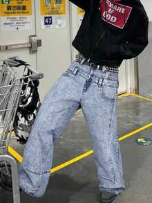 Grunge Goth Y2K Style Men's Casual Loose Versatile Double Waistband Jeans, Fashionable Personalized Street Wear, Suitable For Work, Commute, Stage Performance, Gathering With Friends, Outdoor Wear - الأزرق - مشاهدة 3