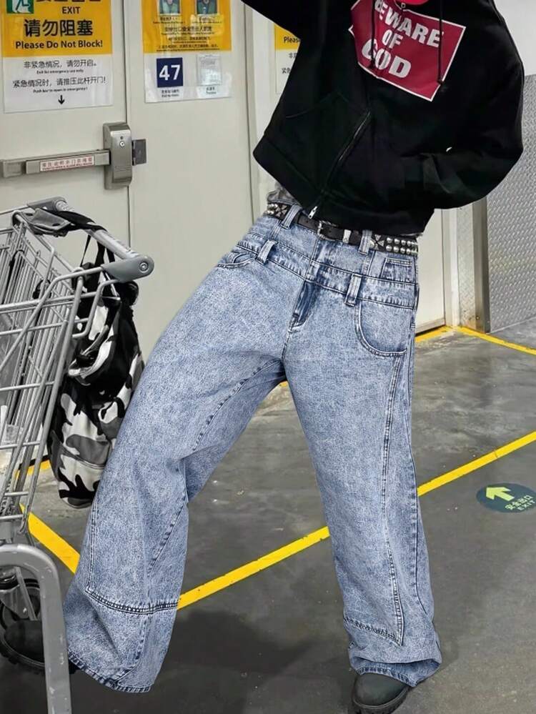 Grunge Goth Y2K 风格男士休闲宽松百搭双腰牛仔裤，时尚个性街头服饰，适合工作、通勤、舞台表演、朋友聚会、户外活动等场合。 - 藍色 - 查看 2