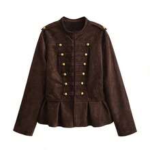 ZAHM Vintage Palace Dark Coffee Faux Suede Jacket For Women, Stand Collar Double Breasted Waist Cinch Ruffle Hem French Jacket - Coffee Brown - View 7