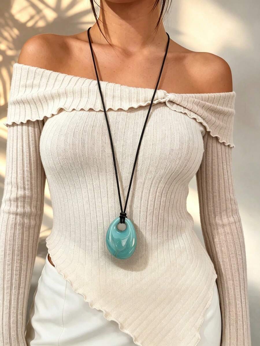 1pc Resin Water Drop Pendant Long Necklace With Adjustable Black Wax Cord And Marble Pattern Pendant, Sweater Chain Suitable For Women's Daily Wear - Multicolor - View 1