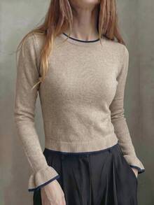 Women's Ribbed Knit Long Sleeve Crew Neck Top, Regular Fit Contrast Trim Knit Sweater, Suitable For Autumn/Winter/Spring Daily Wear - Multicolor - View 2
