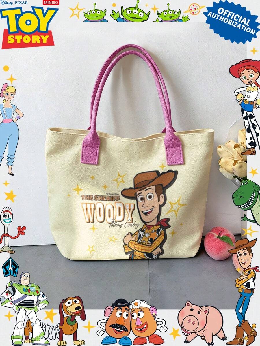 Miniso Disney Toy Story Sheriff Woody Canvas Tote Bag, Beige With Handle Shoulder Bag, Suitable For Daily Use - Pink - View 1