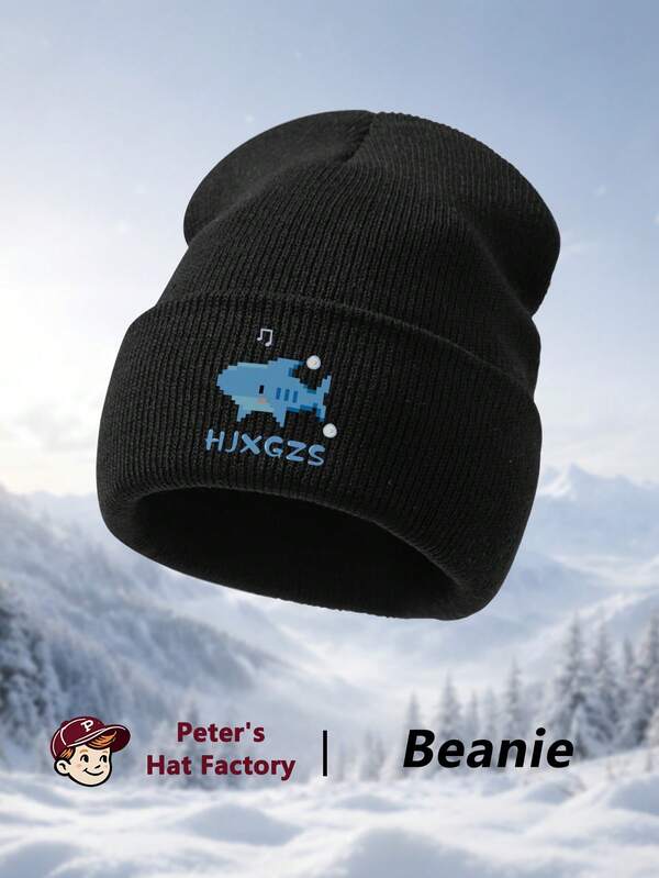 1pc Pixel Shark Print Knitted Beanie, Fashion Unisex Y2K Brimless Hat, Windproof Warm Outdoor Hat, Ski Hat