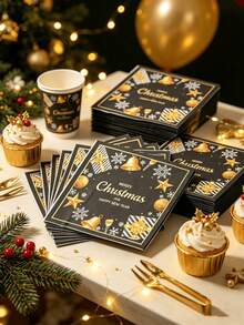 20pcs/40pcs Black & Gold Christmas Disposable Paper Napkins, Printed With "Merry Christmas" And "Happy New Year", Bell Snowflake Star Gift Pattern, Holiday Table Decor, Party Supplies - Napkins - View 3