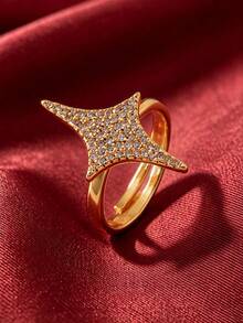1pc Gold & Silver Tone Adjustable Open Four-Pointed Star Ring, Fully Pave Cubic Zirconia Women's Party Fashion Jewelry - Four-pointed Star - View 7