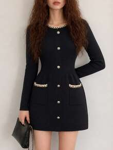 Women's Autumn/Winter Minimalist Elegant Lady Style Round Neck Knit Dress - Black - View 4
