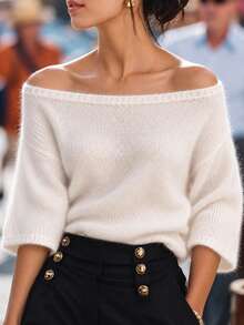 Women's Off Shoulder Fuzzy Knit Pullover Sweater, Regular Fit Rib-Knit Short Sleeve Semi-Sheer Top For Fall - Apricot - View 2