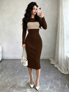 New Women's Autumn Four-Season Elegant Color-Block Patchwork Round-Neck Slim-Fit Ribbed Knit Premium Fashion Tight Dress. - Coffee Brown - View 3