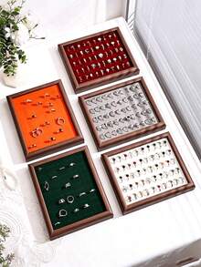 Wooden Ring Display Tray With Multi-Color Velvet Slots, Jewelry Organizer For Home Vanity, Countertop Display Prop - Multicolor - View 3